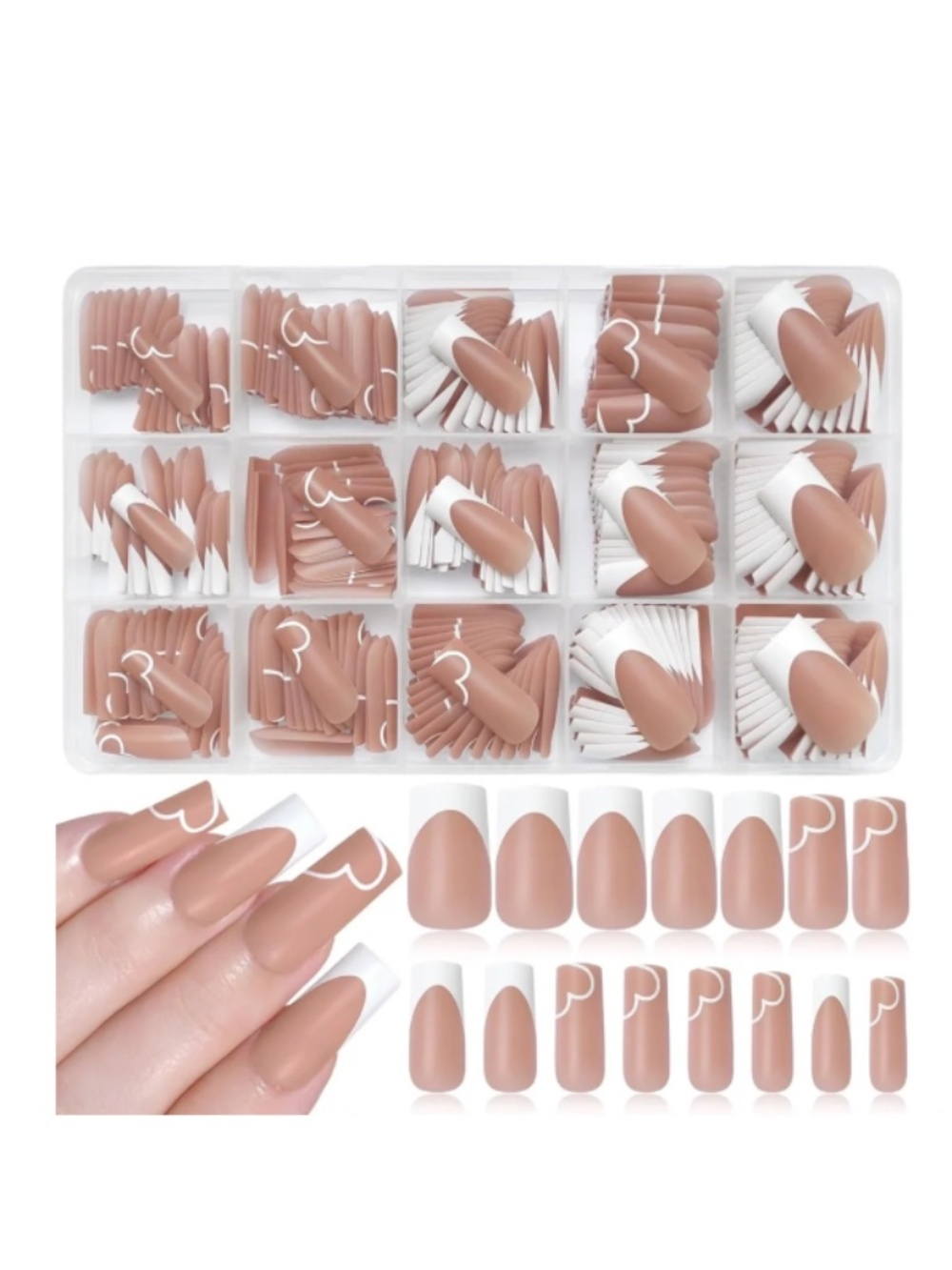 Heart Shaped Designed French Tip 300 Tan And White Medium Square Press On Nails